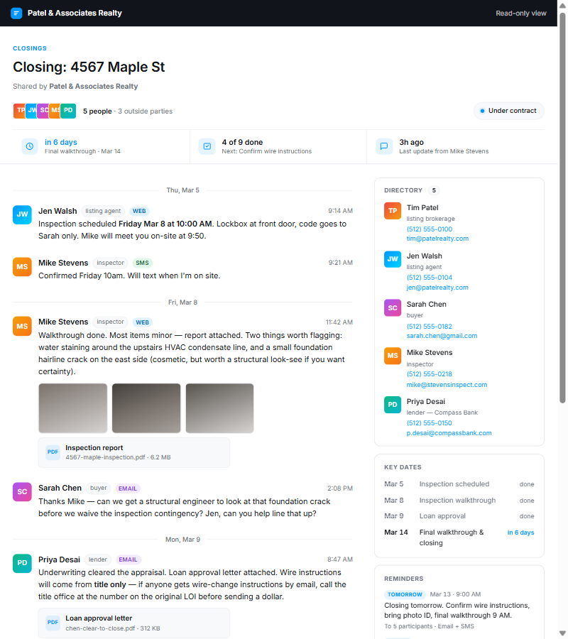 The read-only project page a client opens from a magic link: a closing for 4567 Maple St with participants, key dates, reminders, and a pre-closing checklist.